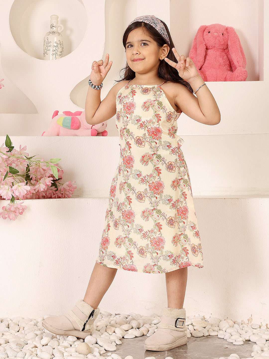 Girls Floral Printed Halter Neck Sleeveless A-Line Dress