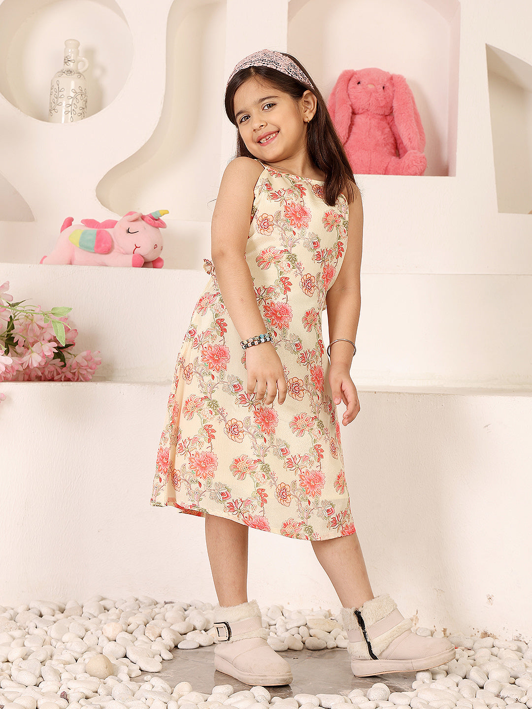 Girls Floral Printed Halter Neck Sleeveless A-Line Dress