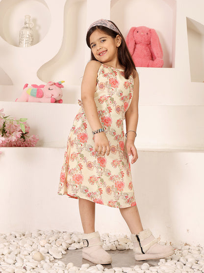 Girls Floral Printed Halter Neck Sleeveless A-Line Dress