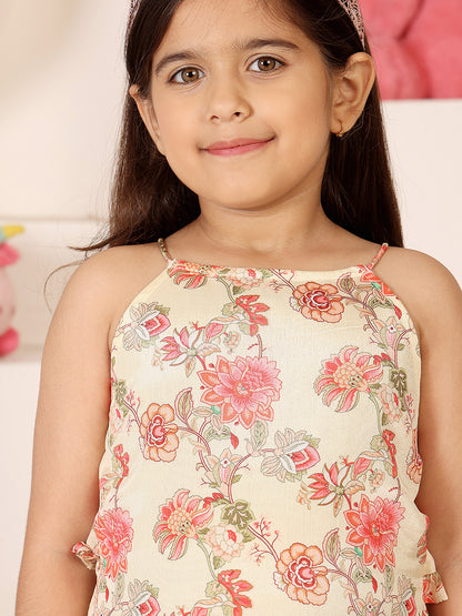 Girls Floral Printed Halter Neck Sleeveless A-Line Dress