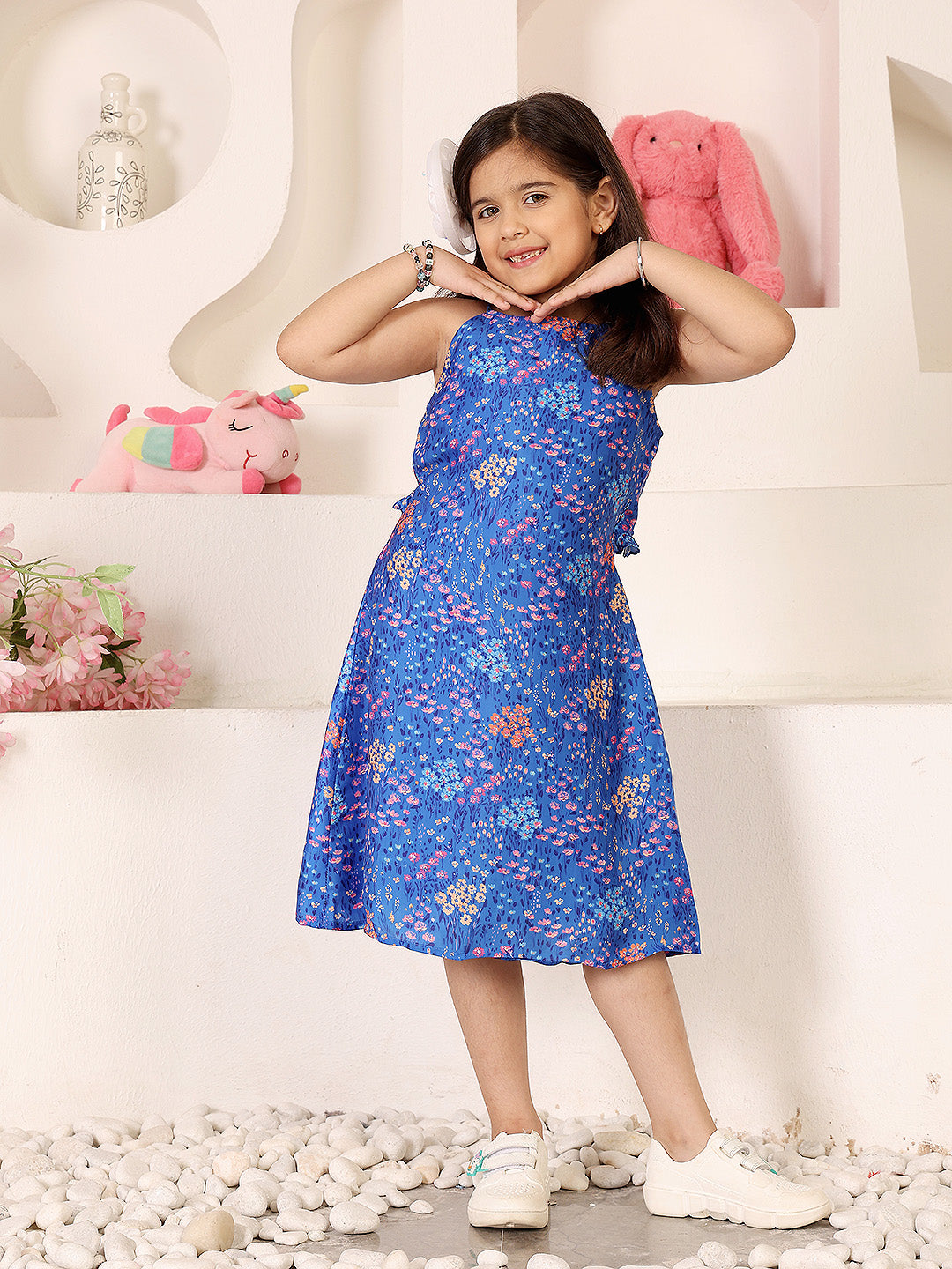Girls Floral Print Halter Neck Satin A-Line Dress