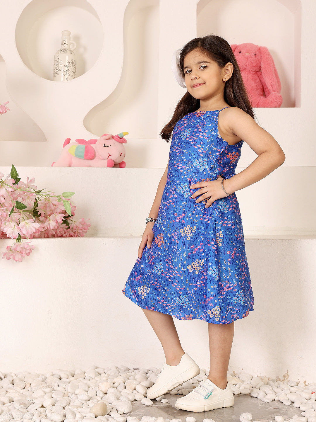 Girls Floral Print Halter Neck Satin A-Line Dress