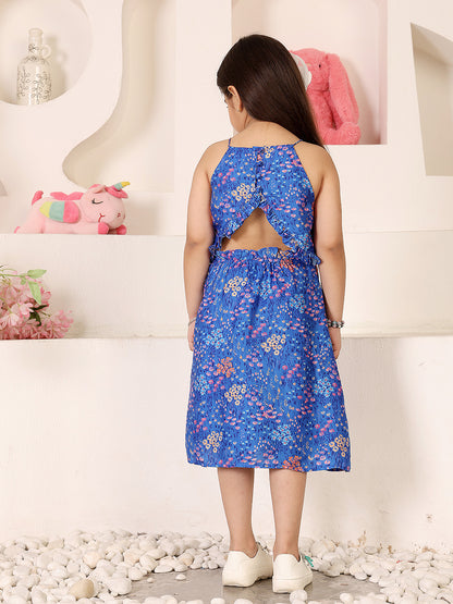 Girls Floral Print Halter Neck Satin A-Line Dress