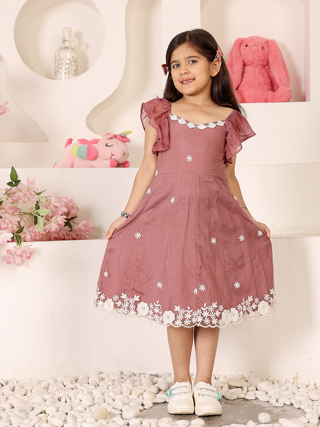 Girls Floral Embroidered Applique Fit & Flare Dress