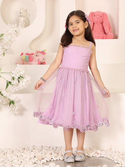 Girls Floral Embroidered Gathered or Pleated Shoulder Straps Net Fit & Flare Dress