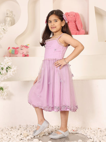 Girls Floral Embroidered Gathered or Pleated Shoulder Straps Net Fit & Flare Dress