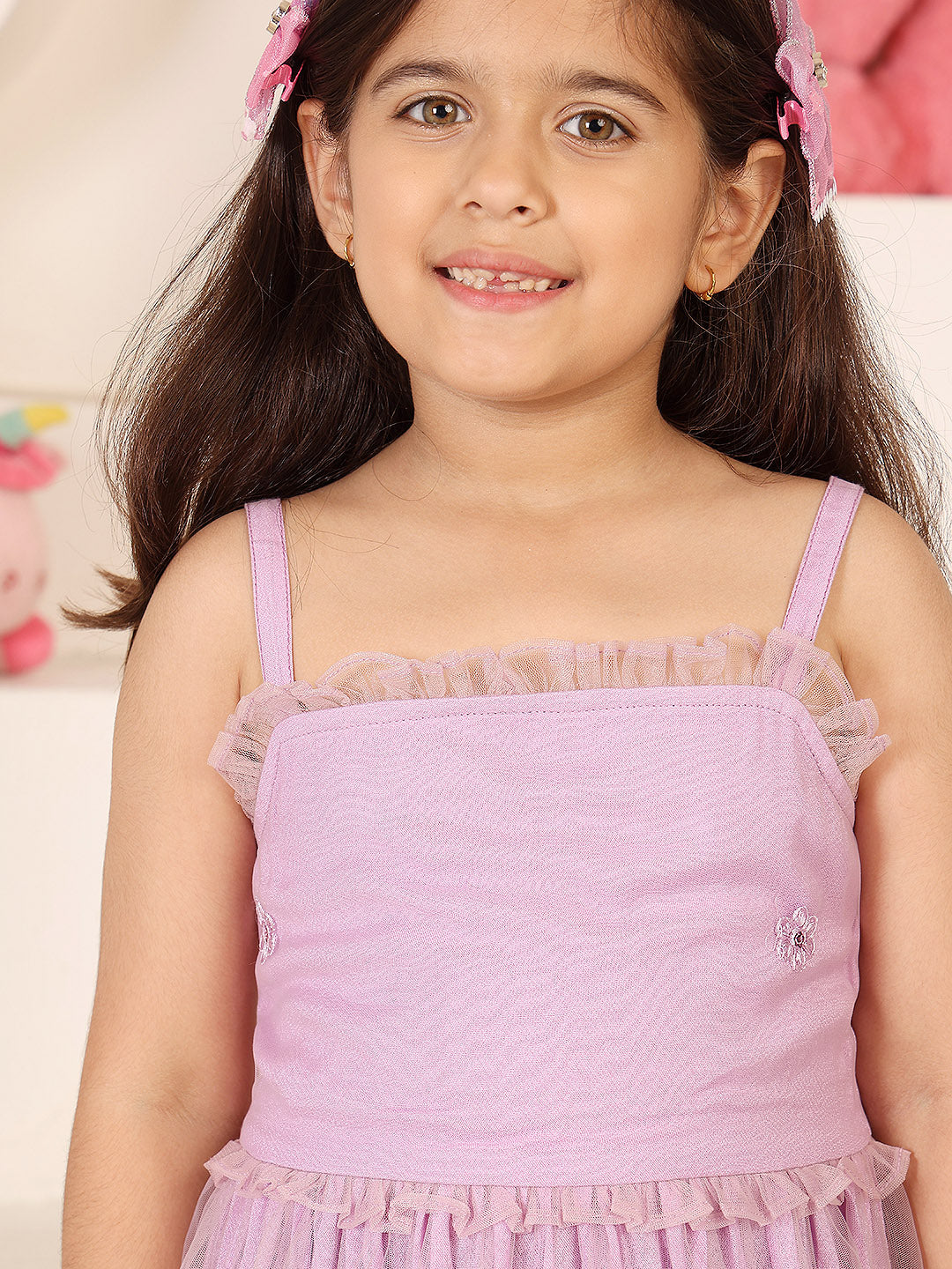Girls Floral Embroidered Gathered or Pleated Shoulder Straps Net Fit & Flare Dress