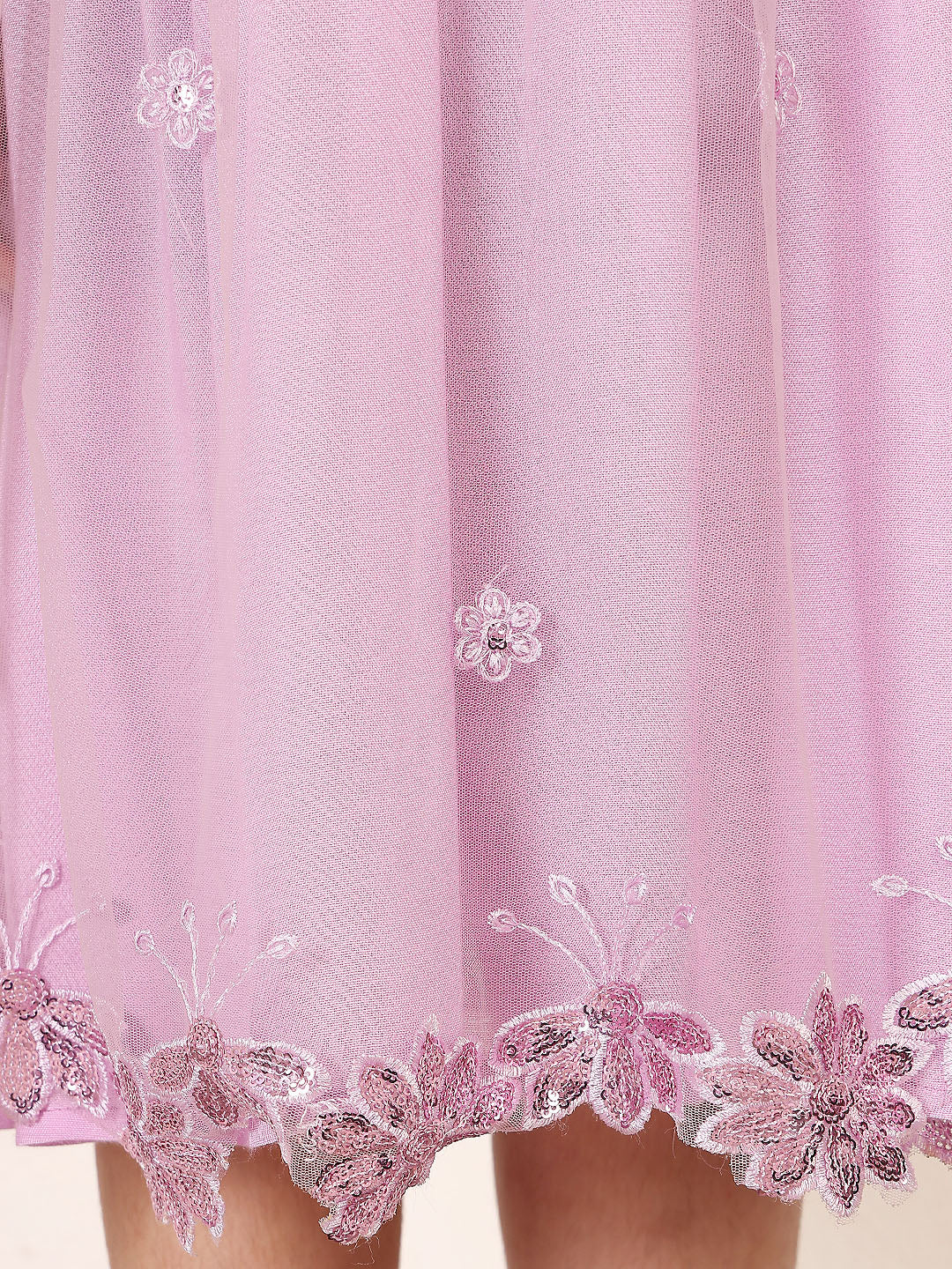Girls Floral Embroidered Gathered or Pleated Shoulder Straps Net Fit & Flare Dress