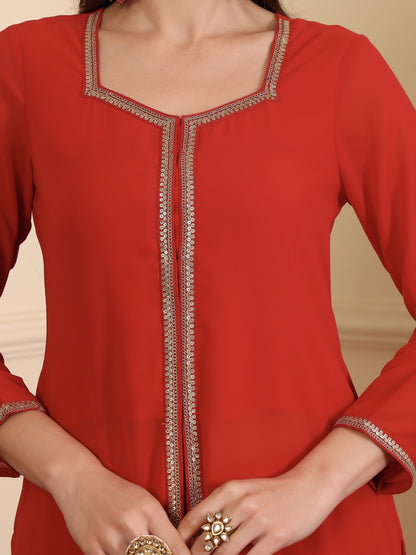 Square Neck Gotta Patti Georgette Straight Kurta With Palazzos & Dupatta