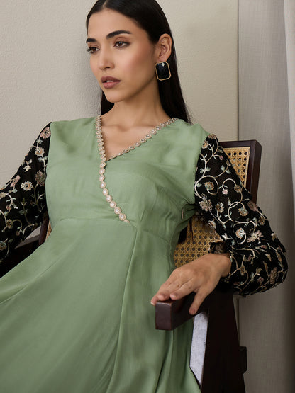 Women Floral Embroidered Angrakha Sequinned Kurta with Trousers & With Dupatta