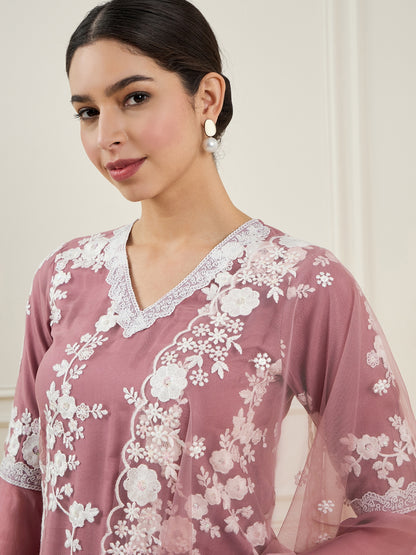 Floral Embroidered V-Neck Regular Straight Kurta With Trousers & Dupatta
