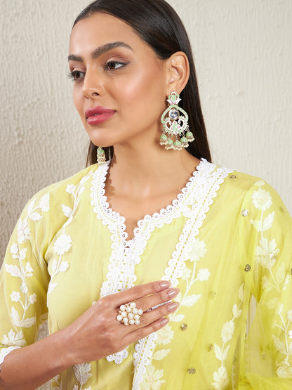 Embroidered Notch Neck Sequinned Straight Kurta With Trousers & Dupatta
