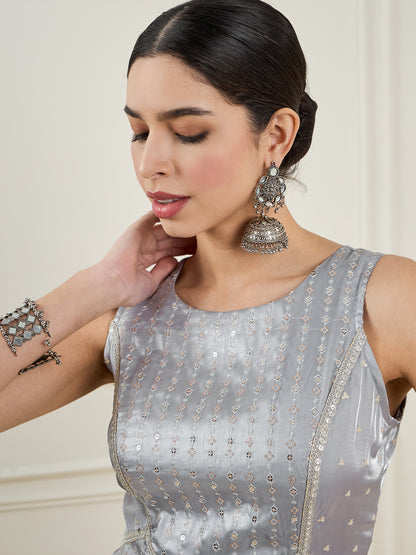 Self Design Round Neck Sleeveless Embellished Silk Ethnic Jumpsuit