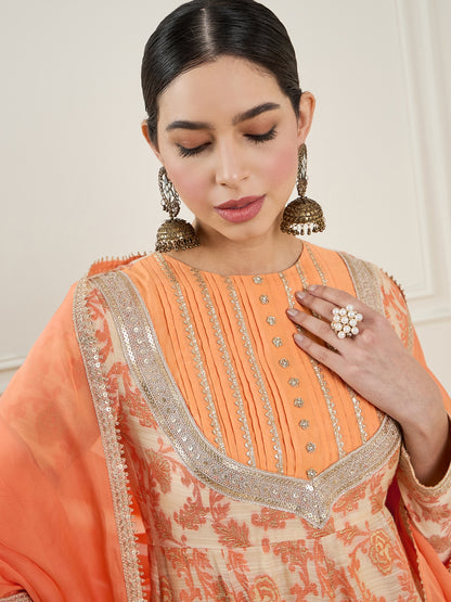 Floral Gotta Patti Regular Anarkali Chanderi Silk Kurta With Churidar & Dupatta