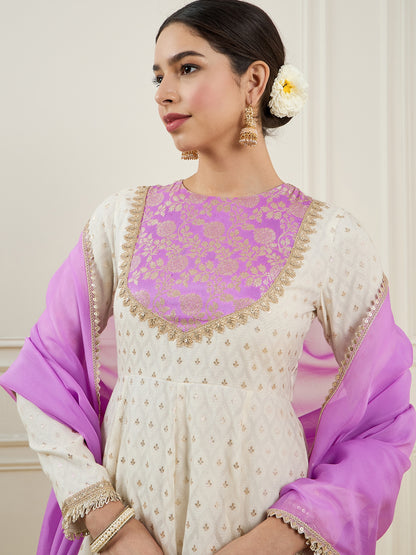 Ethnic Motifs Yoke Design Gotta Patti Chanderi Silk Kurta with Churidar & Dupatta