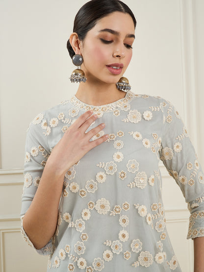 Floral Embroidered Round Neck Regular A-Line Kurta & Trousers