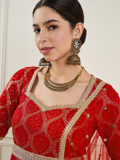 Women Embroidered High Slit Sequinned Silk Georgette Kurta with Sharara & With Dupatta