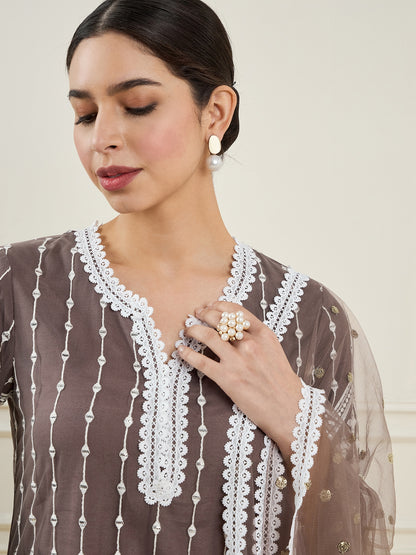 Embroidered Sequinned Straight Kurta with Trousers & Dupatta