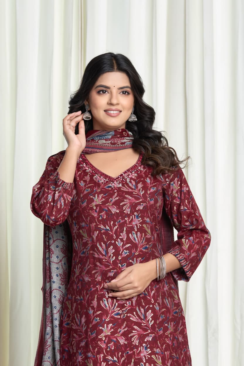 Women Floral Printed V Neck Pure Cotton Kurta with Trousers & Dupatta