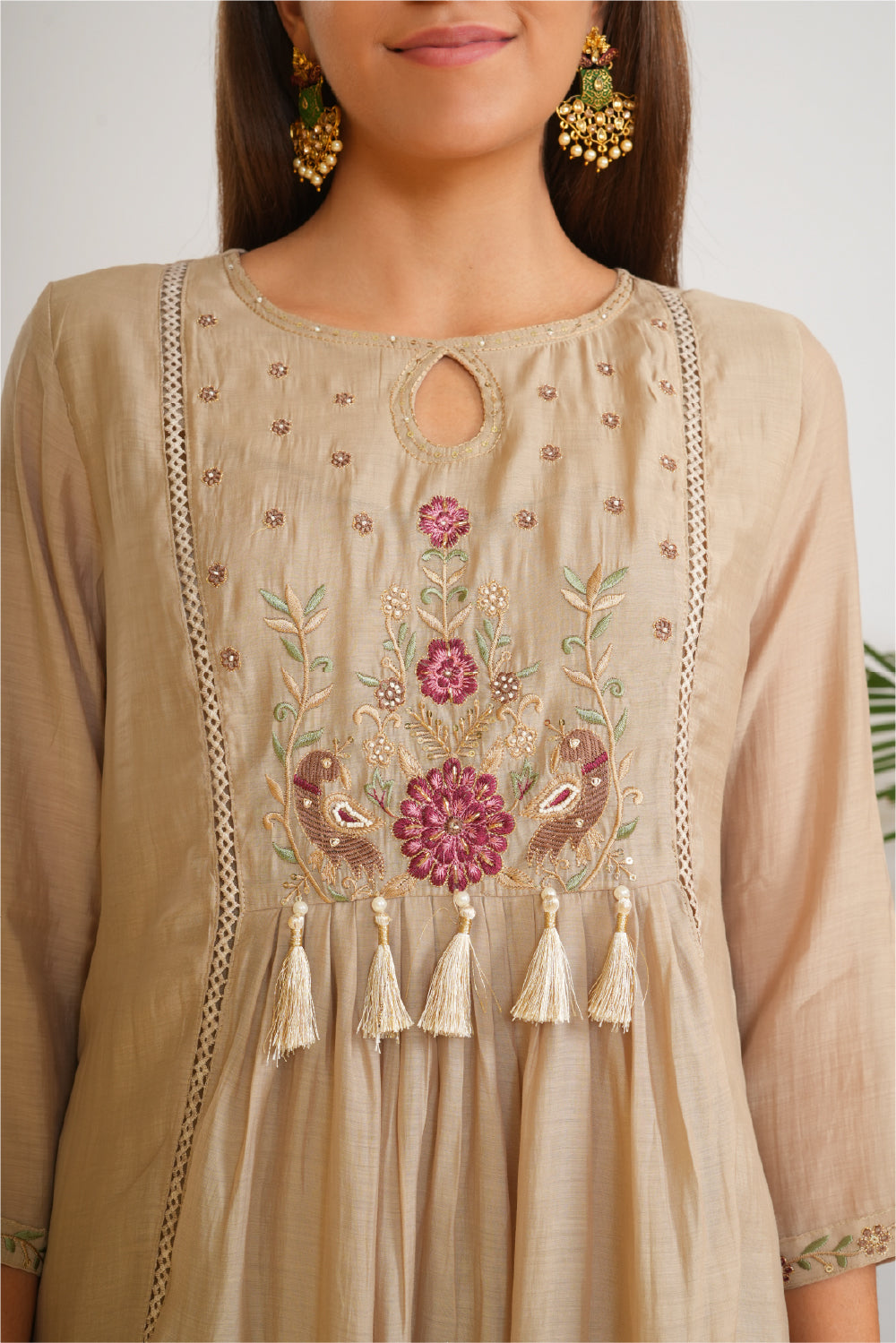 Floral Embroidered Panelled Thread Work A-Line Kurta With Trousers & Dupatta