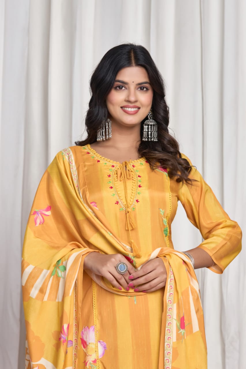 Floral Printed Keyhole Neck Thread Work Straight Kurta With Trousers & Dupatta