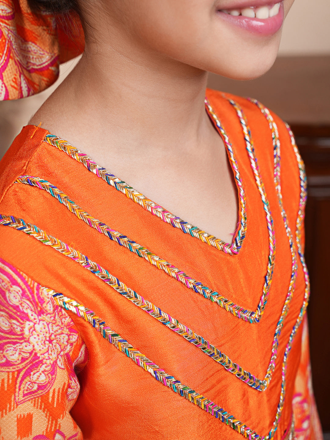 Floral printed orange and pink kurta set with dupatta