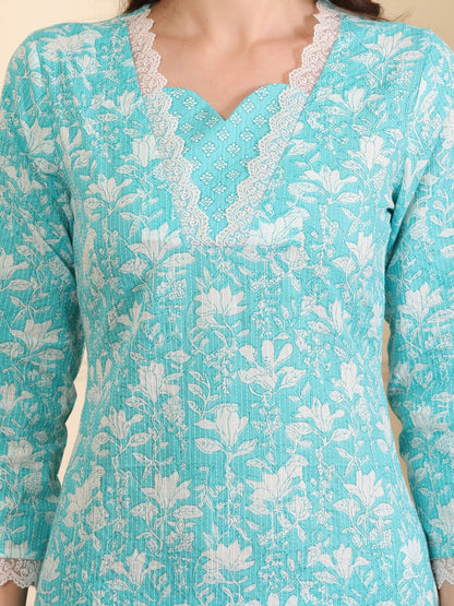 Women Floral Printed Regular Thread Work Pure Cotton Kurta with Trousers