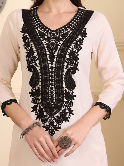 Ethnic Motifs Yoke Design V-Neck Thread Work Pure Cotton Straight Kurta & Trousers