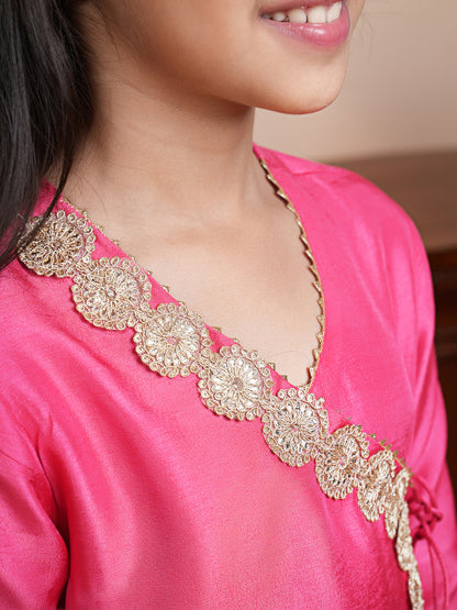 Pink  angrakha kurta set with orange dupatta