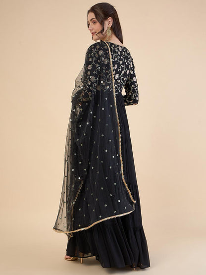 Floral Embroidered Siquinned V-Neck Flared Georgette Ethnic Dress With Duppatta