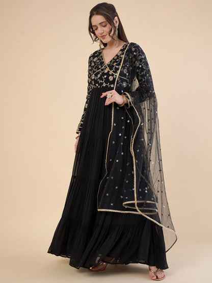 Floral Embroidered Siquinned V-Neck Flared Georgette Ethnic Dress With Duppatta