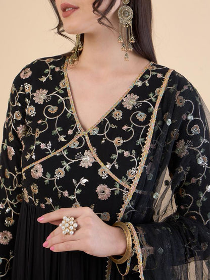 Floral Embroidered Siquinned V-Neck Flared Georgette Ethnic Dress With Duppatta
