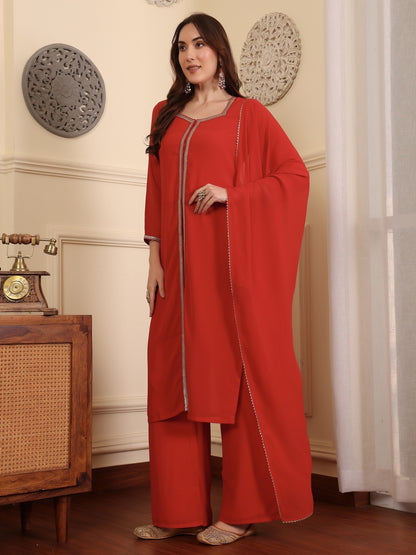 Square Neck Gotta Patti Georgette Straight Kurta With Palazzos & Dupatta