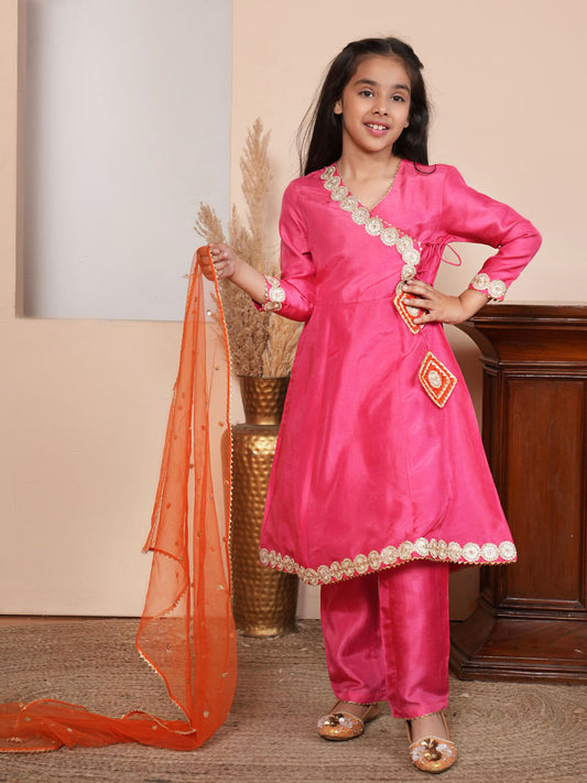 Pink  angrakha kurta set with orange dupatta