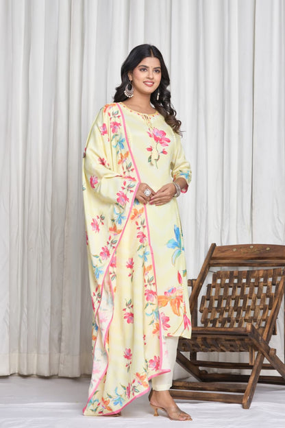 Floral Printed Keyhole Neck Thread Work Pure Cotton Kurta With Trousers & Dupatta
