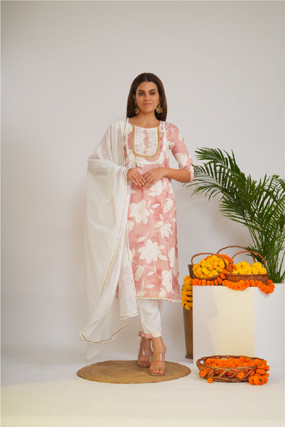 Women Floral Print Gotta Patti Pure Cotton Kurta with Trousers & Dupatta
