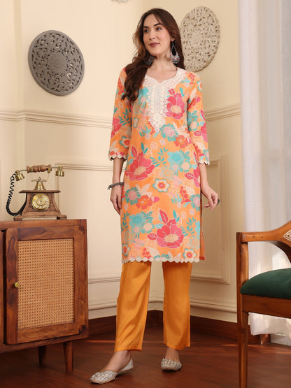 Women Floral Printed Regular Patchwork Pure Cotton Kurta with Trousers