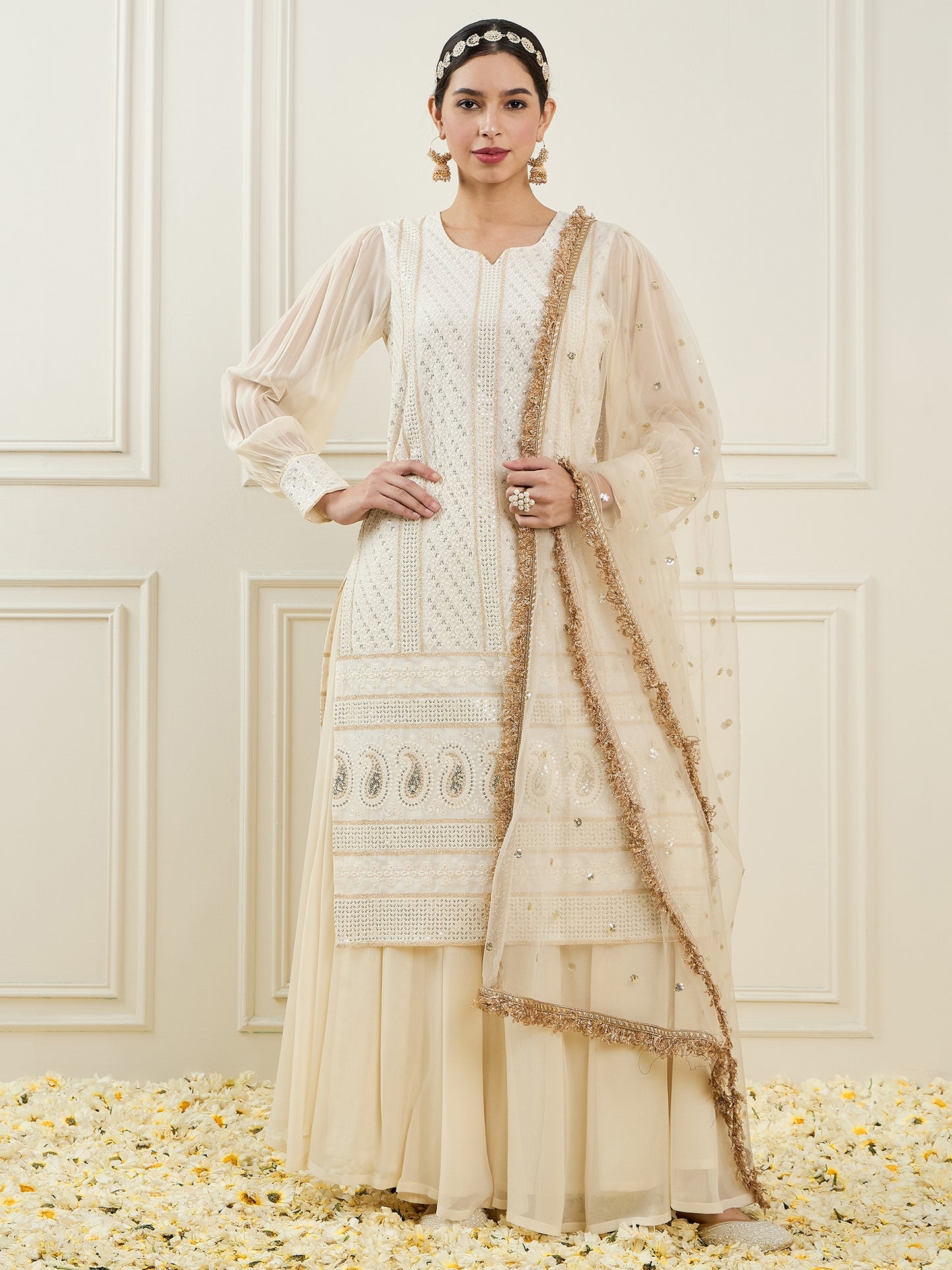 Ethnic Motifs Embroidered Sequinned Straight Kurta With Palazzos & Dupatta