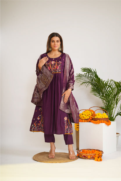 Floral Embroidered Empire Thread Work A-Line Kurta With Trousers & Dupatta