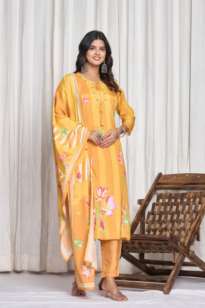 Floral Printed Keyhole Neck Thread Work Straight Kurta With Trousers & Dupatta