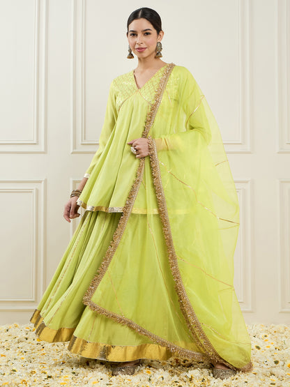 Empire V-Neck Chanderi Silk A-Line Kurta with Palazzo & Dupatta