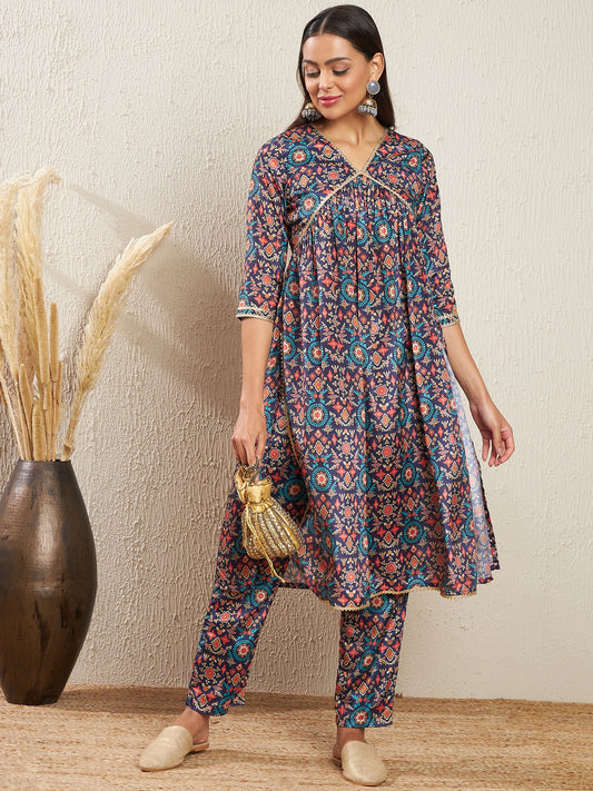 Ethnic Motifs Printed Empire Silk Crepe Kurta & Trousers