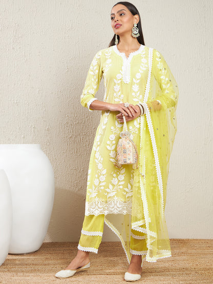 Embroidered Notch Neck Sequinned Straight Kurta With Trousers & Dupatta