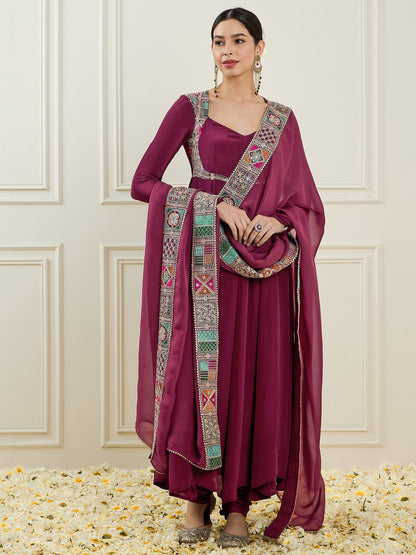 Woven Design Embroidered Thread Work Anarkali Kurta with Churidar & Dupatta