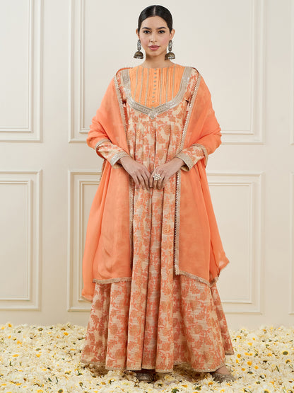 Floral Gotta Patti Regular Anarkali Chanderi Silk Kurta With Churidar & Dupatta