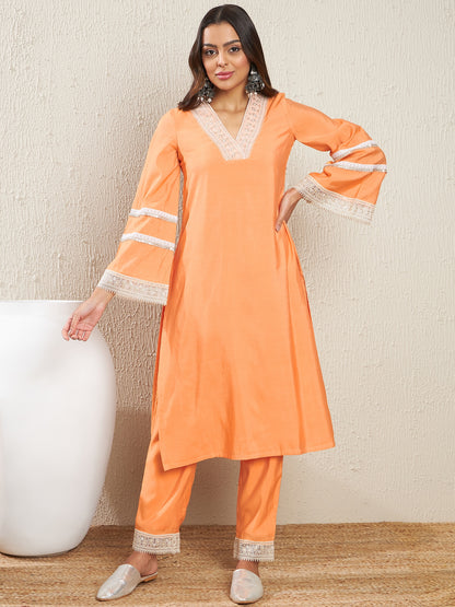 V-Neck Flared Sleeves Thread Work Kurta with Trousers