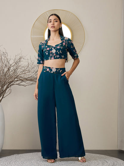 Floral Embroidered Crop Top & Palazzos