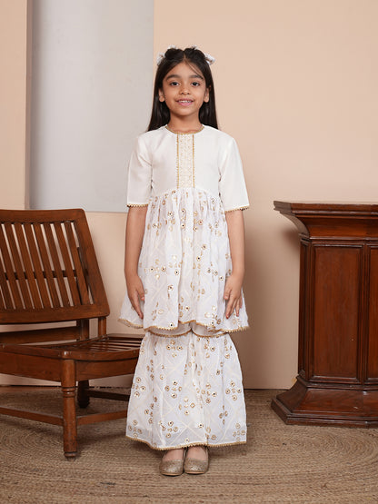 Mirror work white kurta set with Dupatta
