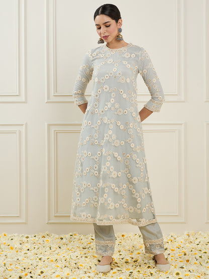 Floral Embroidered Round Neck Regular A-Line Kurta & Trousers
