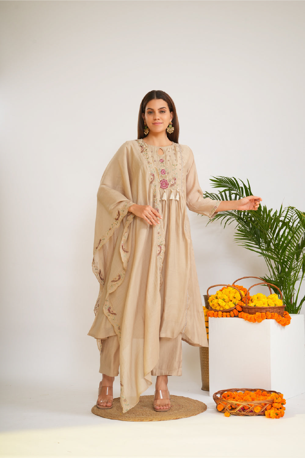 Floral Embroidered Panelled Thread Work A-Line Kurta With Trousers & Dupatta